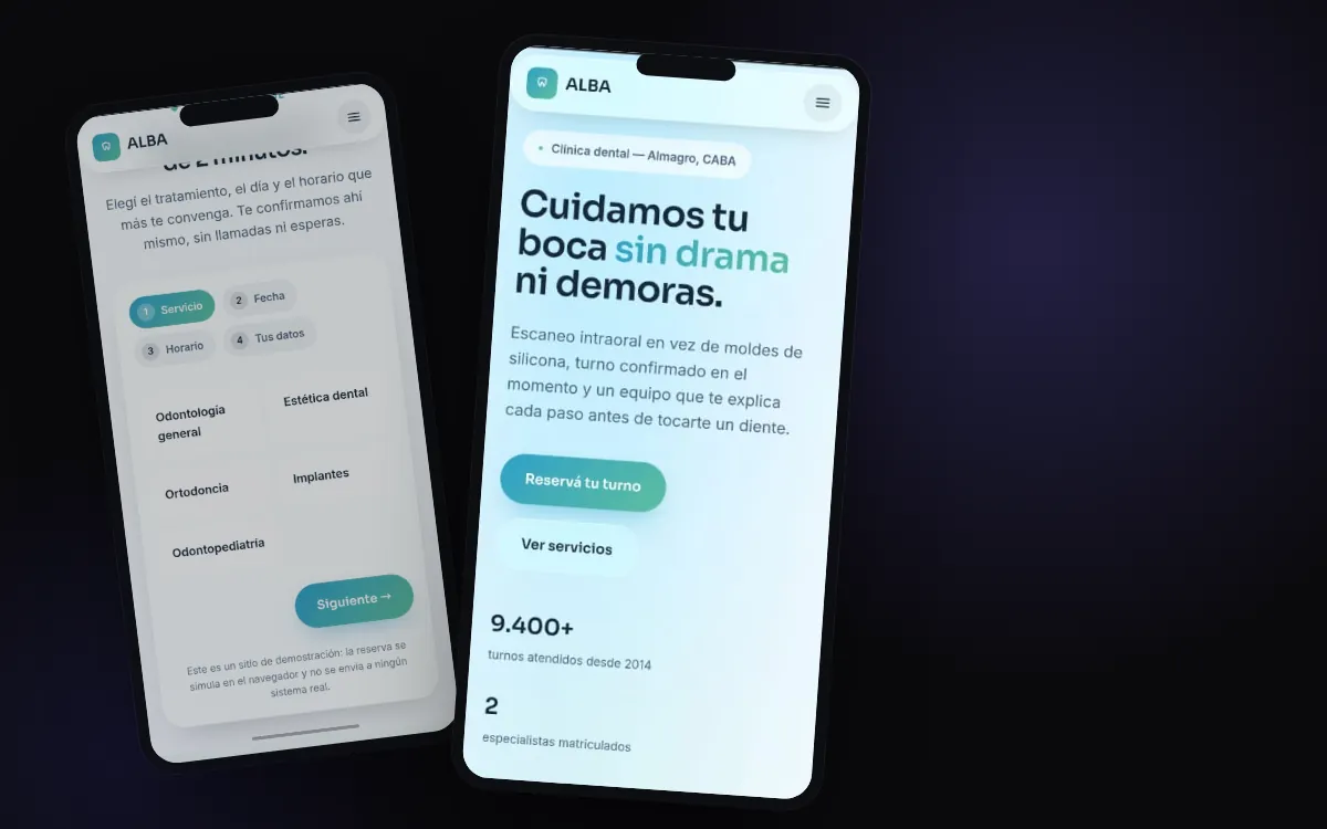 Capturas reales del sitio ALBA, clínica dental