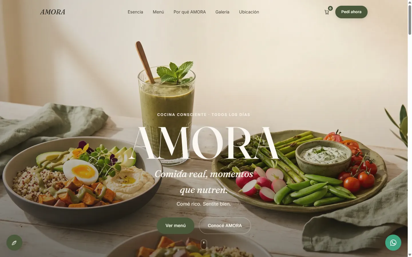 Home real del sitio AMORA, landing gastronómica