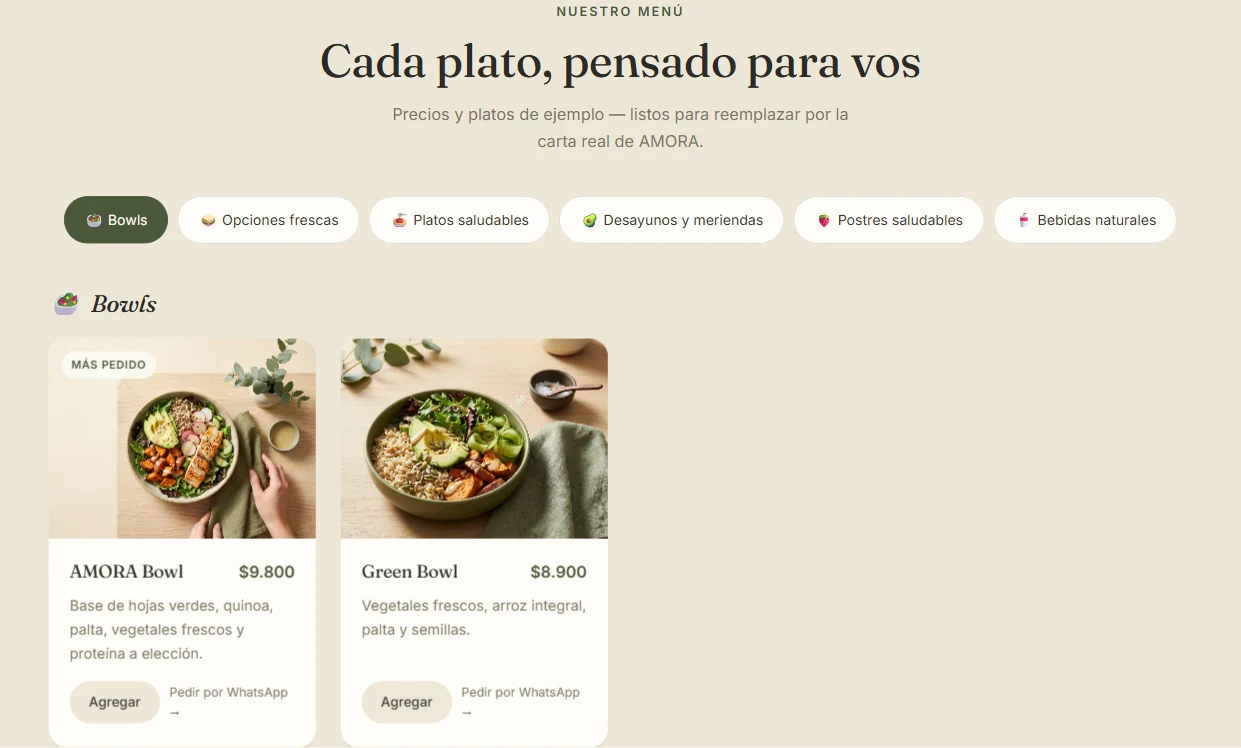 Sección de menú digital por categorías de AMORA