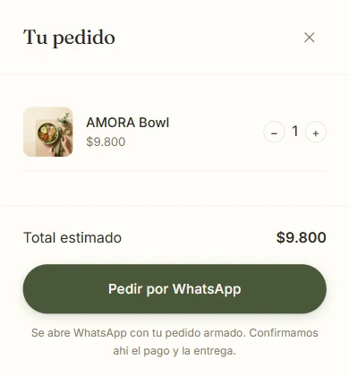 Pedido armado listo para enviar por WhatsApp, vista mobile de AMORA