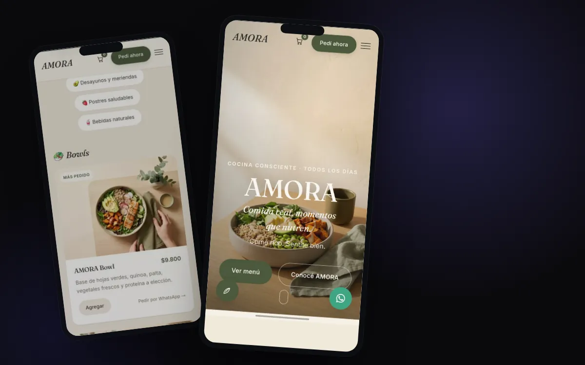 Capturas reales del sitio AMORA, landing gastronómica