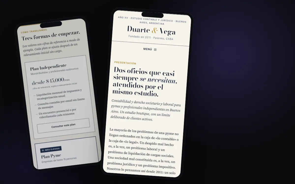 Capturas reales del sitio Duarte & Vega, sitio corporativo